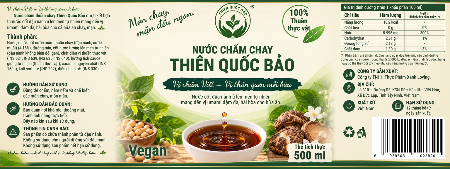 Tem nhãn Nước chấm chay Thiên Quốc Bảo 500 ml do Loving cung cấp