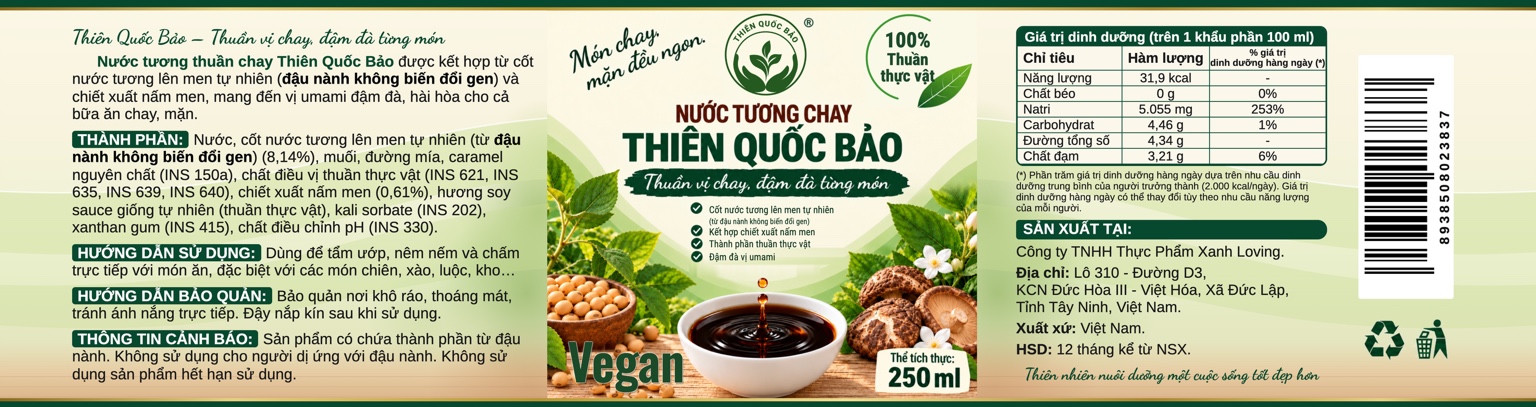 Tem nhãn Nước tương chay Thiên Quốc Bảo 250 ml do Loving cung cấp