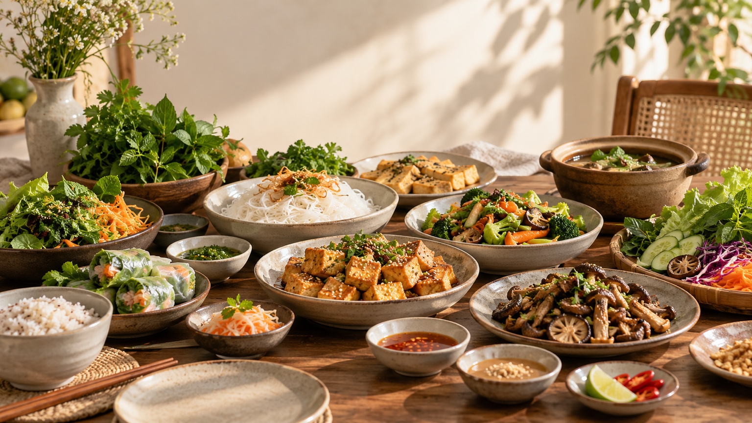 Ảnh minh họa: Bàn cơm nhà có nhiều món và bát đũa, không chữ/logo; đúng bữa cơm quê nhà mà không cần ép ảnh chân dung vào panorama