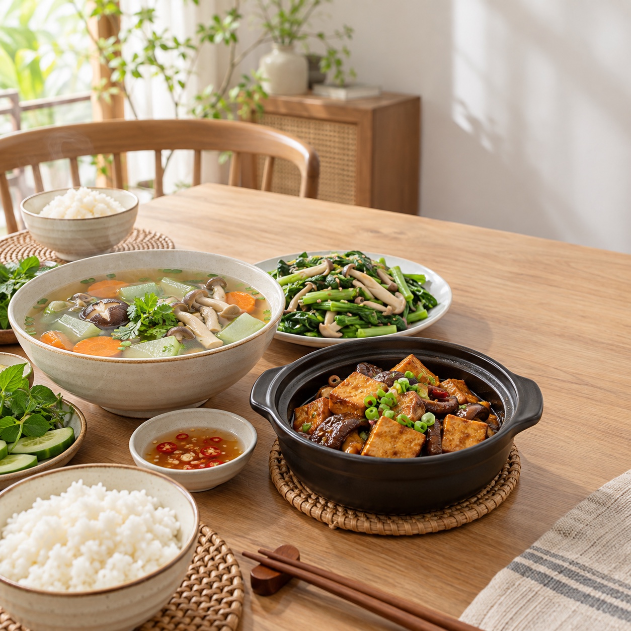 Ảnh minh họa: Mâm cơm Việt với canh, rau, đậu phụ trong bát nồi quen thuộc; gắn trực tiếp món quen/bữa cơm nhà