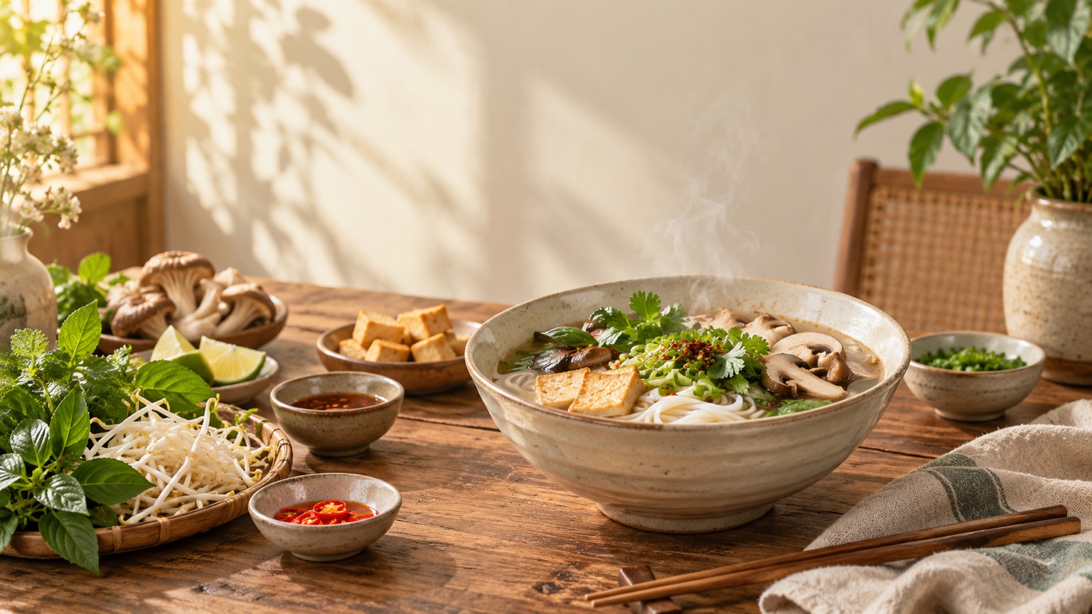 Ảnh minh họa: Bát món sợi nóng, nấm, thảo mộc và bàn gỗ sáng; đúng khoảnh khắc thưởng thức quen thuộc, không chữ hay bao bì giả