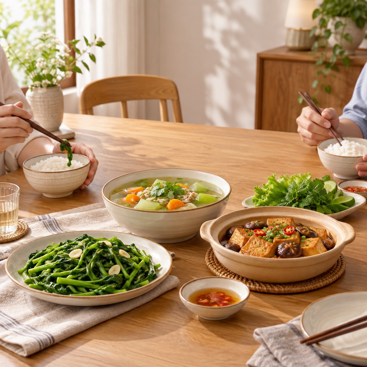 Ảnh minh họa: Bữa ăn đang diễn ra với các món bình dị; đúng nơi ý tưởng trở về là bàn cơm gia đình