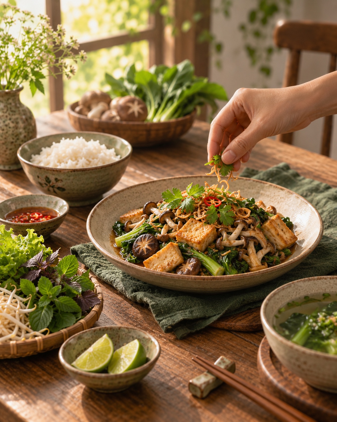 Ảnh minh họa: Cận đĩa nấm/đậu phụ và bàn tay hoàn thiện món; chủ thể món ăn rõ hơn ảnh chỉ chén chấm trước đây