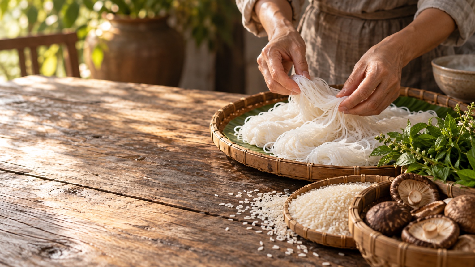 Ảnh minh họa: Bàn tay xử lý sợi gạo, bên cạnh có gạo và nấm; đúng thao tác chuẩn bị nguyên liệu