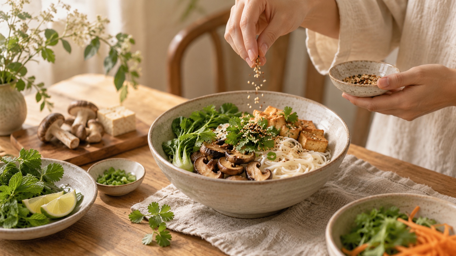 Ảnh minh họa: Bàn tay rắc gia vị vào món ăn trong bếp; đúng hành động nêm nếm, không phải cảnh dọn bát